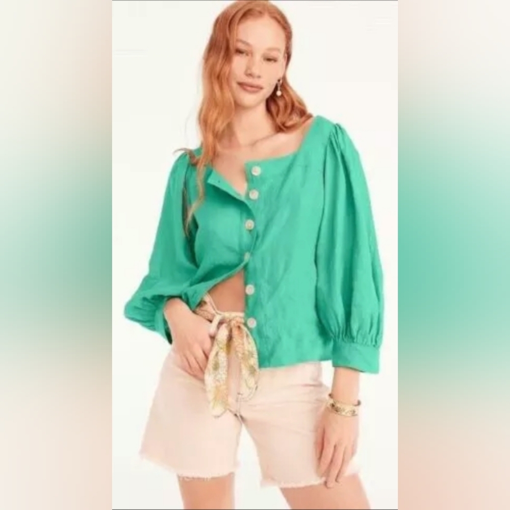 Squareneck button-front linen top